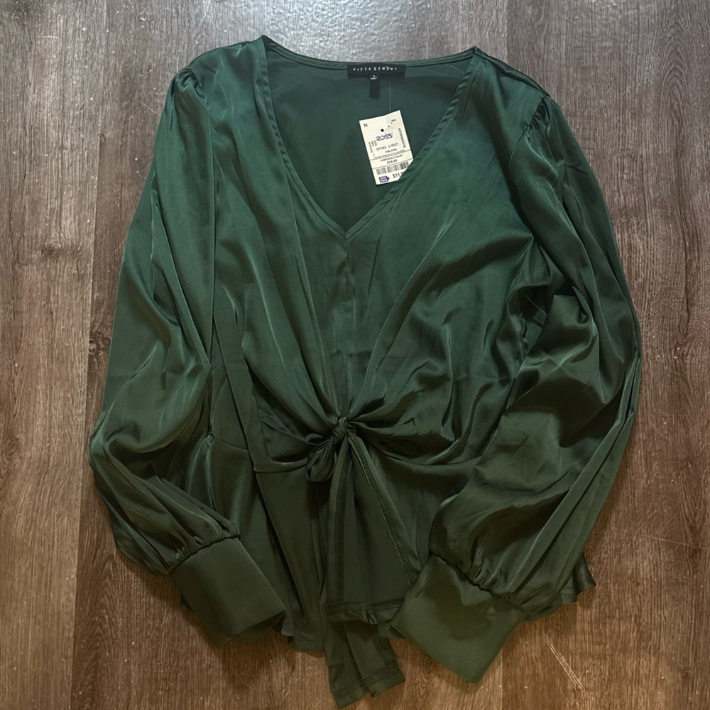 Deep Green Satin Tie-Front Blouse